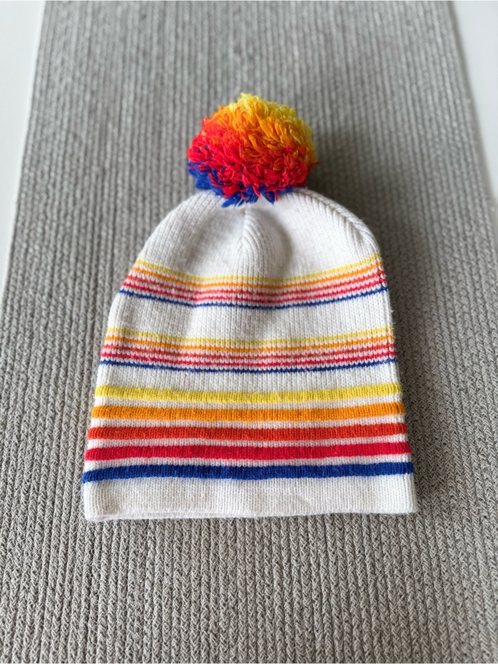 Vintage Wigwam White Knit Beanie Winter Hat with Rainbow Stripe and Pom Pom